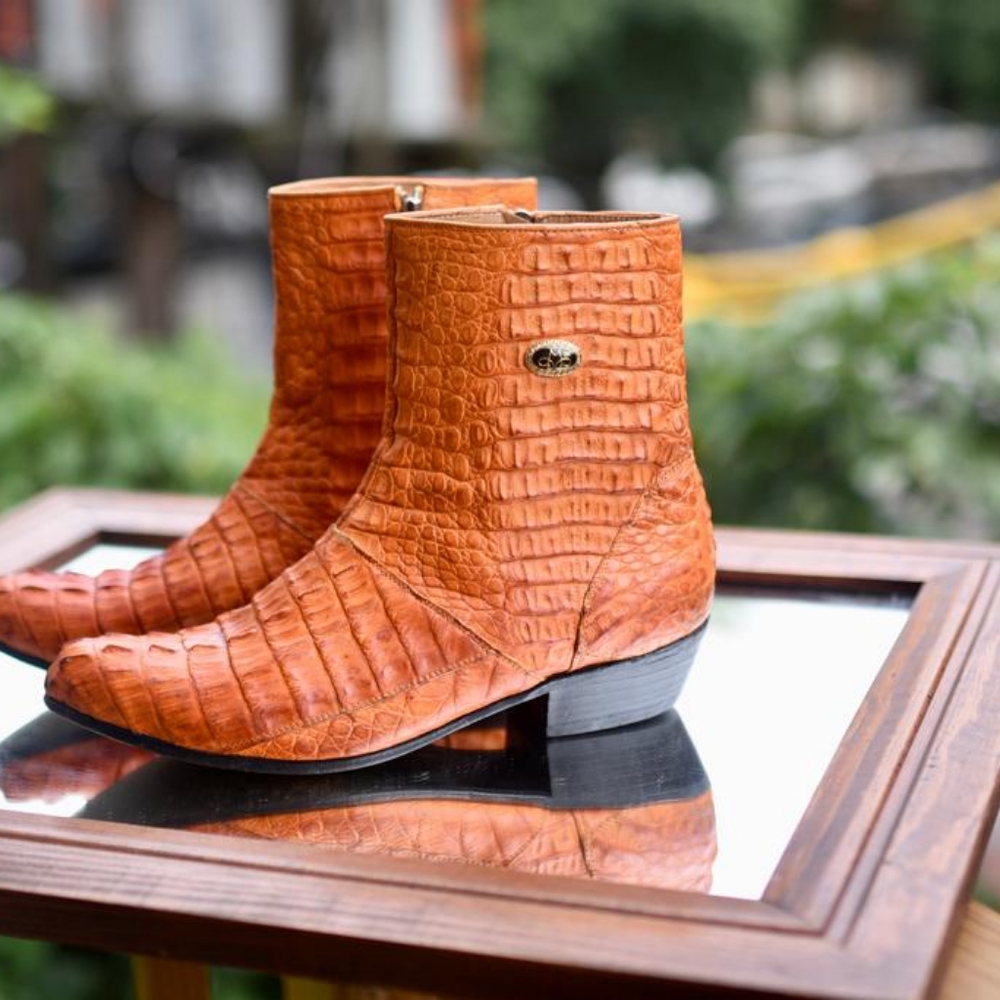 Men's Orange Croc-Texture Cowboy Boots - Picture 2 of 12